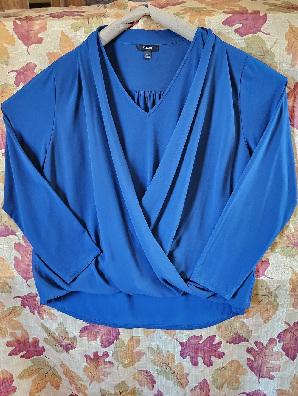 Alfani XXL Cobalt Blue Long Sleeve Draped V-Neck Top, Faux Wrap Elegant Blouse - Picture 5 of 7